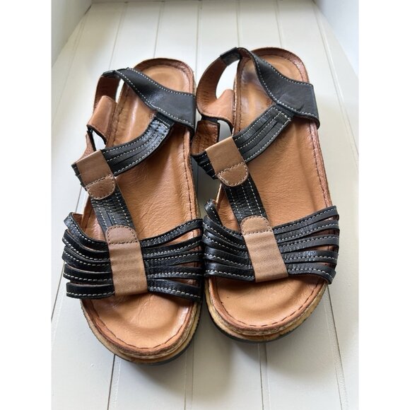 Spring Step Leather Comfort Fisherman Sandals Black Tan Women’s Size 7 - Picture 1 of 12